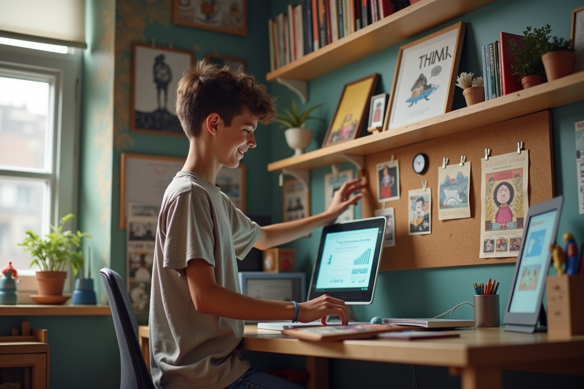 Adolescent plaçant une œuvre d