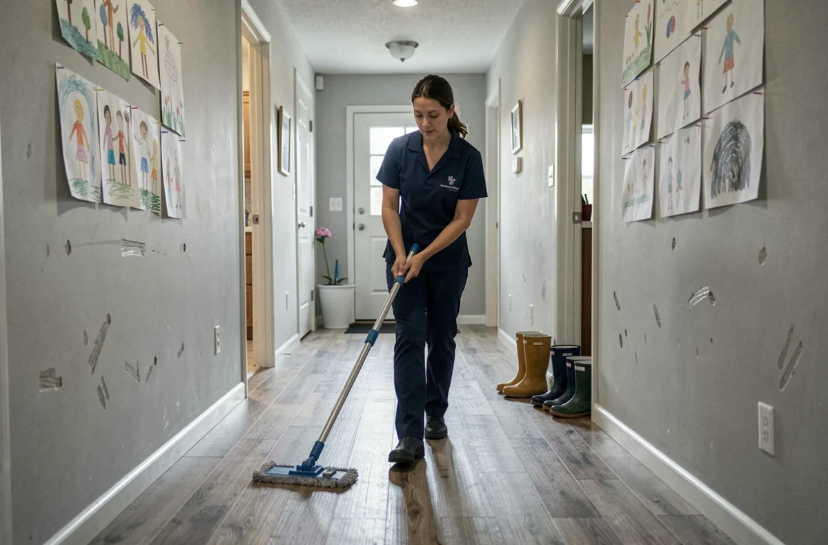 Aide ménagère professionnelle au travail dans le couloir d'une grande maison familiale