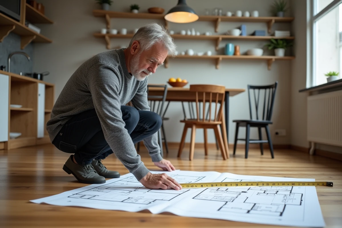 Homme mesurant l'espace au sol pour optimiser l'aménagement d'une salle à manger