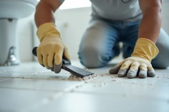 Artisan appliquant un joint époxy sur un ancien joint de carrelage dans une salle de bain, avec une taloche en caoutchouc et des gants de protection