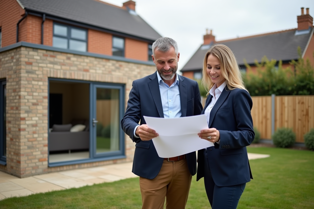 Architecte et couple devant extension maison en construction