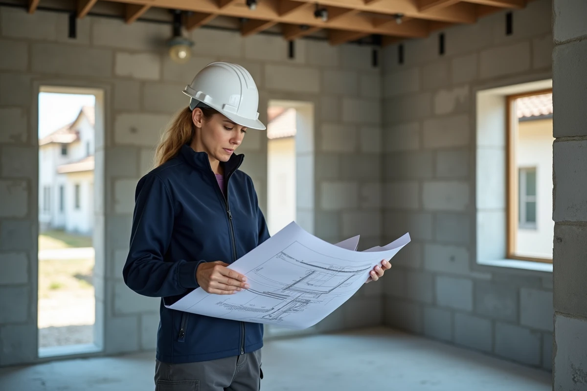 Architecte féminine consultant des plans de construction de maison avec murs en parpaings épais conformes à la réglementation thermique RT 2026