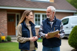 Artisan homme et jeune femme devant maison de banlieue