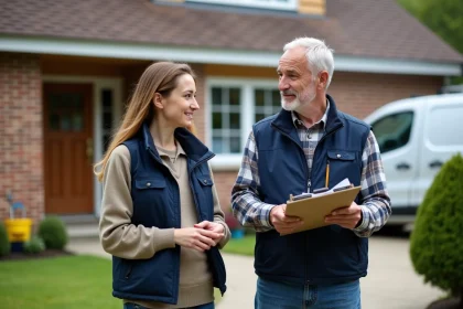 Artisan homme et jeune femme devant maison de banlieue