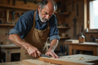 Artisan menuisier creusant une mortaise dans une planche de chêne avec un ciseau à bois, atelier traditionnel en arrière-plan