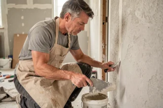 Artisan en train d'appliquer de l'enduit sur une cloison en plaque de plâtre lors de travaux de rénovation intérieure DIY