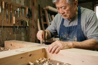 Artisan japonais taillant un tenon mortaise dans une poutre en cyprès hinoki dans un atelier traditionnel