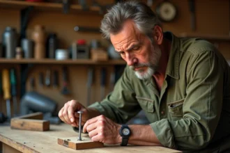 Artisan examinant une vis foirée incrustée dans une étagère en bois avec un tournevis plat