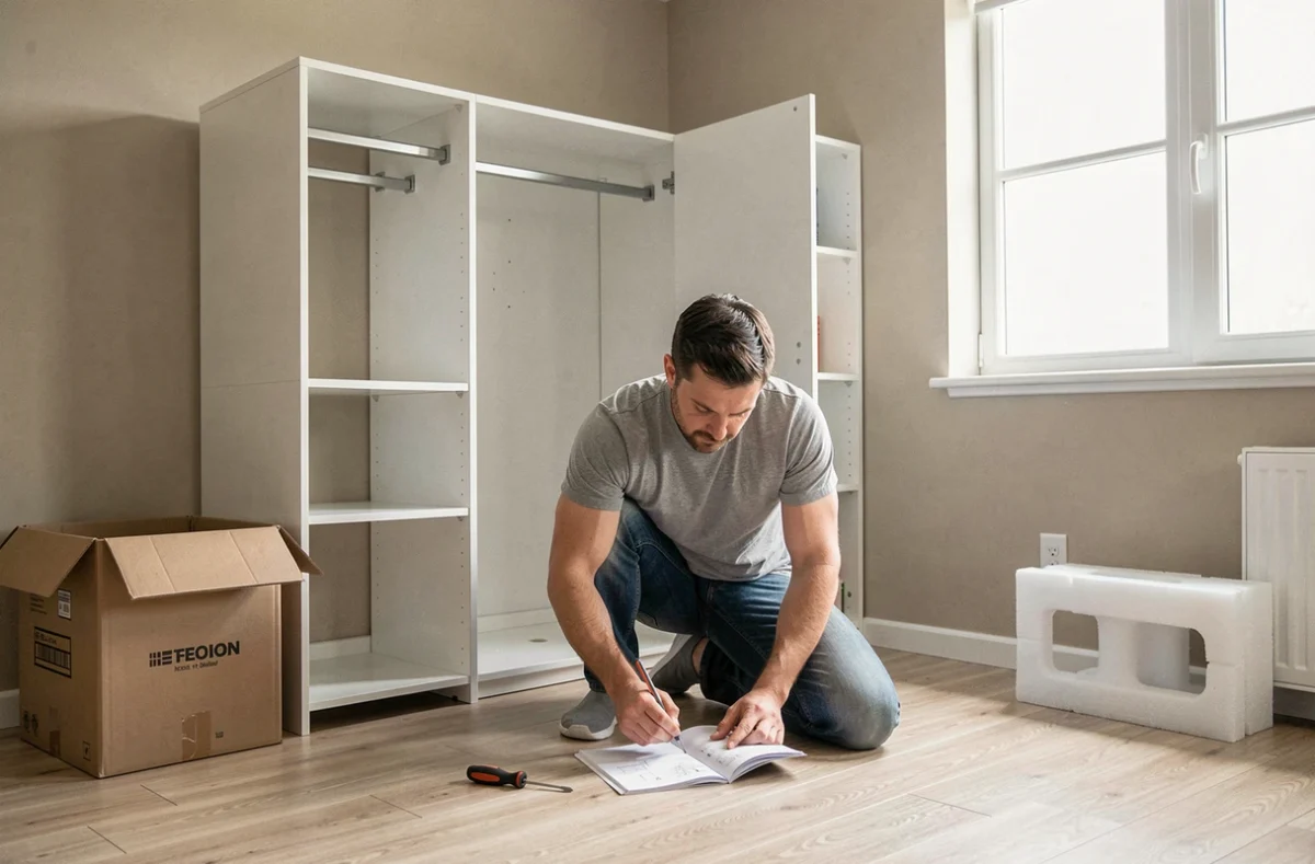 Homme assemblant une penderie en kit blanc de bricolage dans une chambre avec mode d'emploi et outils