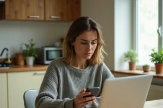 Femme lisant des avis mitigés sur une assurance habitation depuis son smartphone dans une cuisine moderne