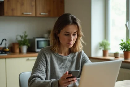 Femme lisant des avis mitigés sur une assurance habitation depuis son smartphone dans une cuisine moderne