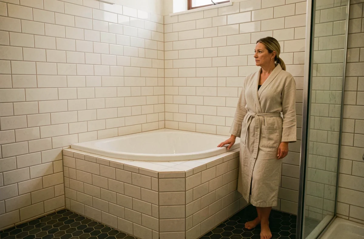 Petite baignoire d'angle gain de place dans un appartement compact avec femme en robe en lin