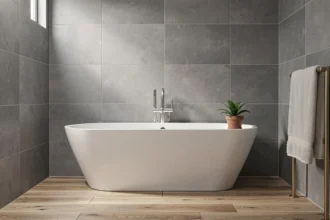 Baignoire standard autoportante blanche dans une salle de bain moderne avec carrelage gris et accents en bois