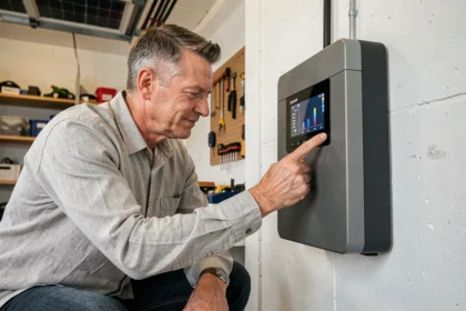 Propriétaire installant une batterie solaire domestique dans son garage, solution de stockage d'énergie renouvelable