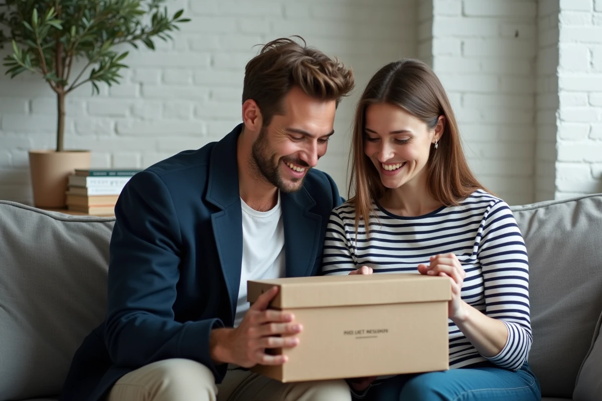 Couple parisien découvrant ensemble une box cadeau expérience Paris dans leur appartement moderne
