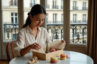 Femme parisienne découvrant le contenu d'une box expérience Paris avec macarons et souvenirs artisanaux
