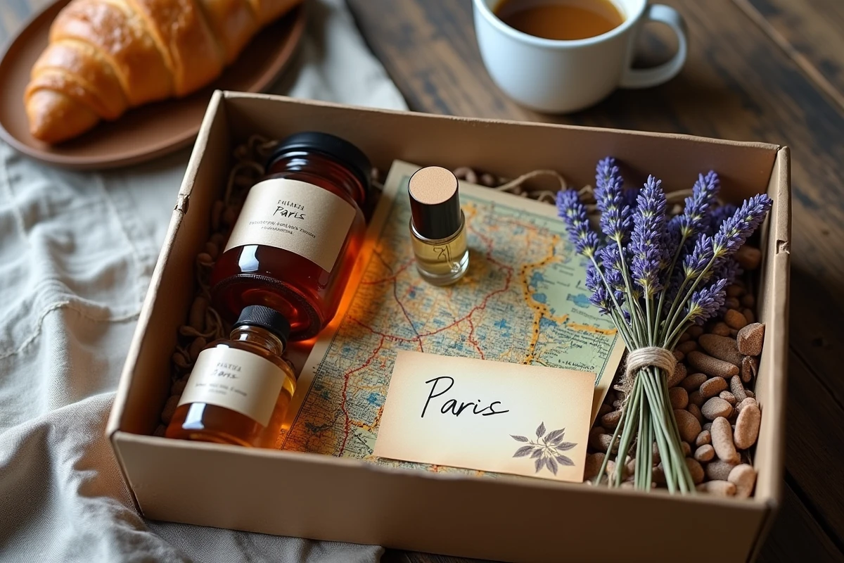 Flat lay des produits artisanaux parisiens contenus dans la box expérience Paris sur table en bois