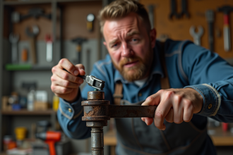 Personne frustrée dans un atelier bricolage ajustant une clé à molette rouillée