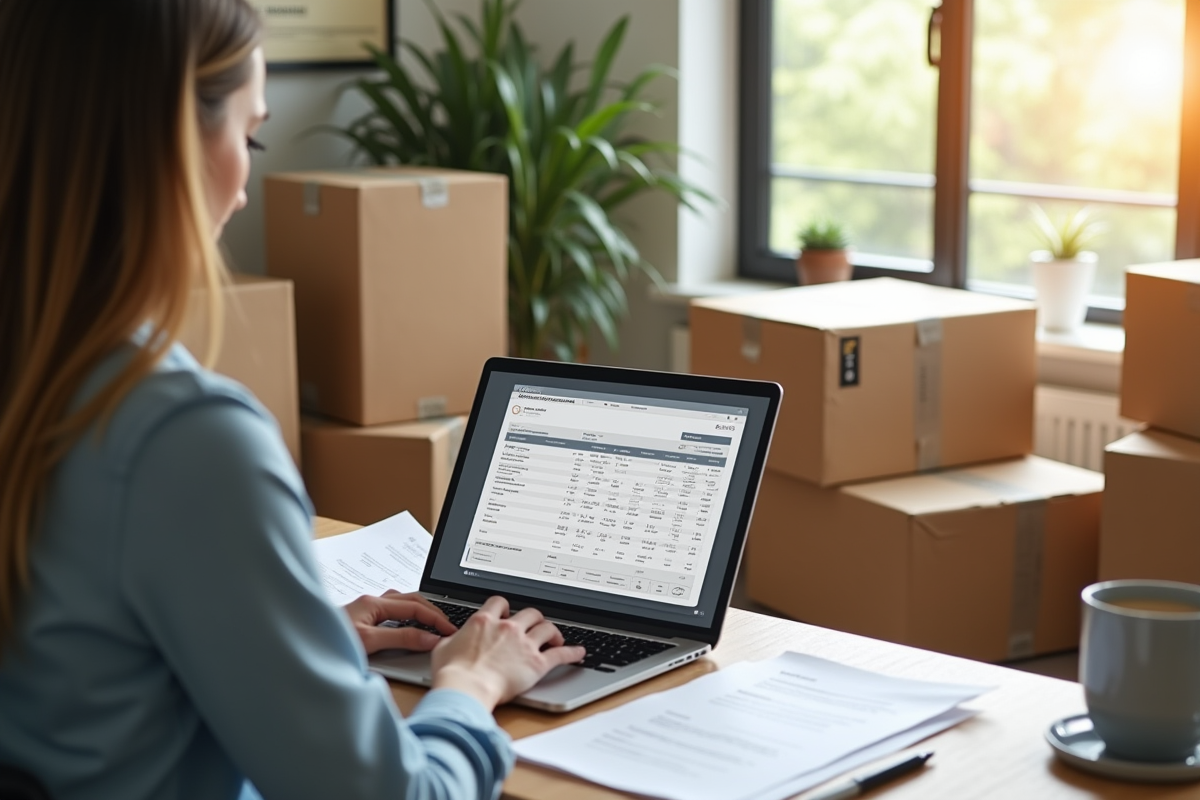 Gestionnaire de déménagement vérifiant une facture dans un bureau moderne lumineux