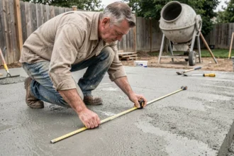 Entrepreneur mesurant la surface d'une terrasse en béton pour calculer le prix au m² des travaux