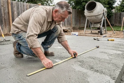 Entrepreneur mesurant la surface d'une terrasse en béton pour calculer le prix au m² des travaux