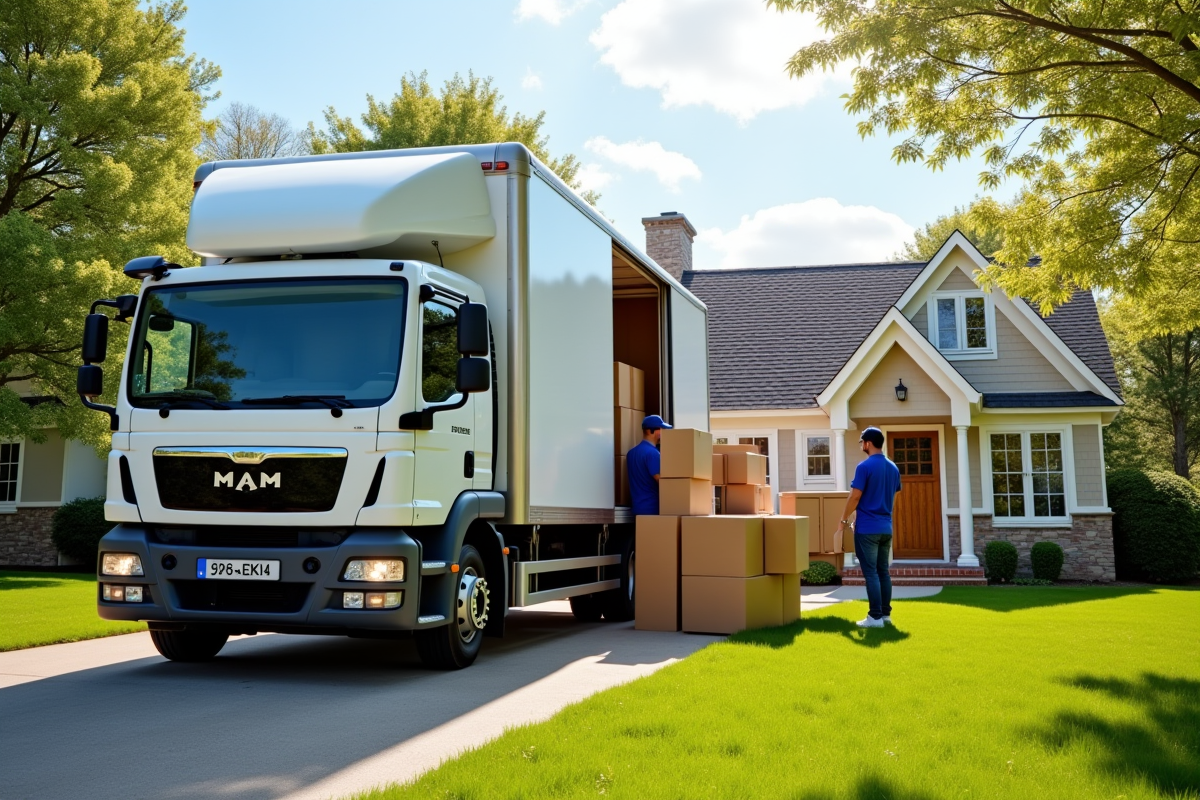 Camion de déménagement garé devant une maison de banlieue ensoleillée