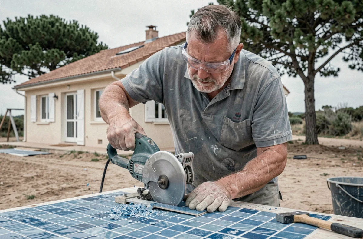 Carreleur découpant des carreaux bleus mosaïque pour une salle de bain sur le Bassin d'Arcachon à Andernos-les-Bains