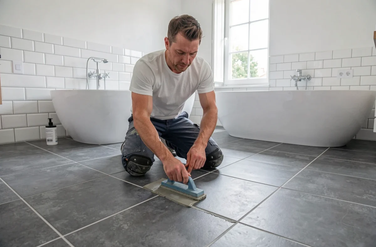 Carreleur jointant un sol en carrelage anthracite grand format dans une salle de bain moderne à Gradignan