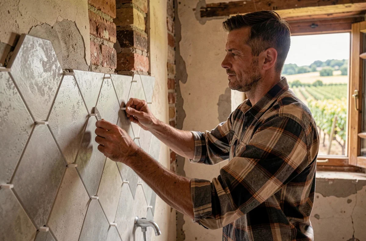 Carreleur posant des carreaux hexagonaux effet ciment dans une salle de bain de ferme rénovée à Izon en Gironde