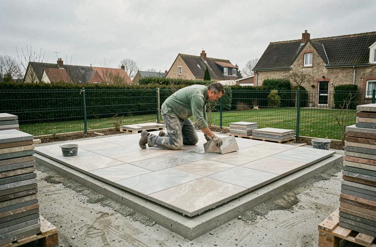 Carreleur posant des dalles extérieures en grès cérame sur une terrasse résidentielle à Lormont en Gironde