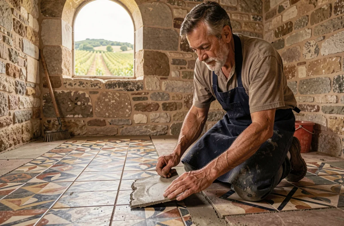 Artisan carreleur posant des carreaux hydrauliques traditionnels dans une propriété viticole de Lugaignac en Entre-deux-Mers