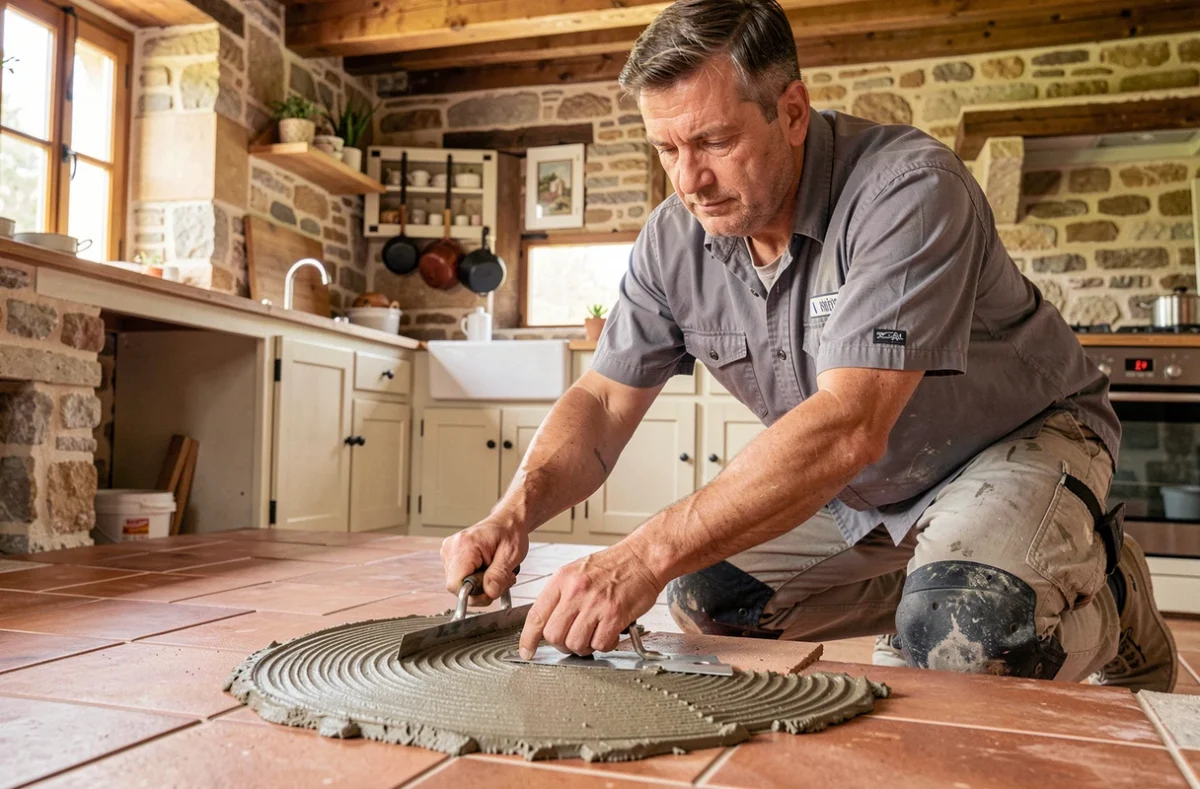 Carreleur posant des carreaux de style tomette dans une cuisine traditionnelle à Sainte-Foy-la-Grande en Gironde
