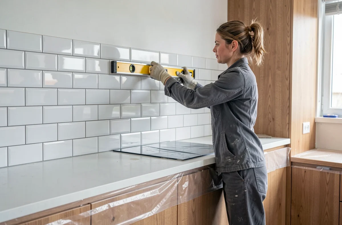 Carreleur posant du carrelage mural blanc dans une cuisine moderne rénovée à Villenave-d'Ornon en Gironde