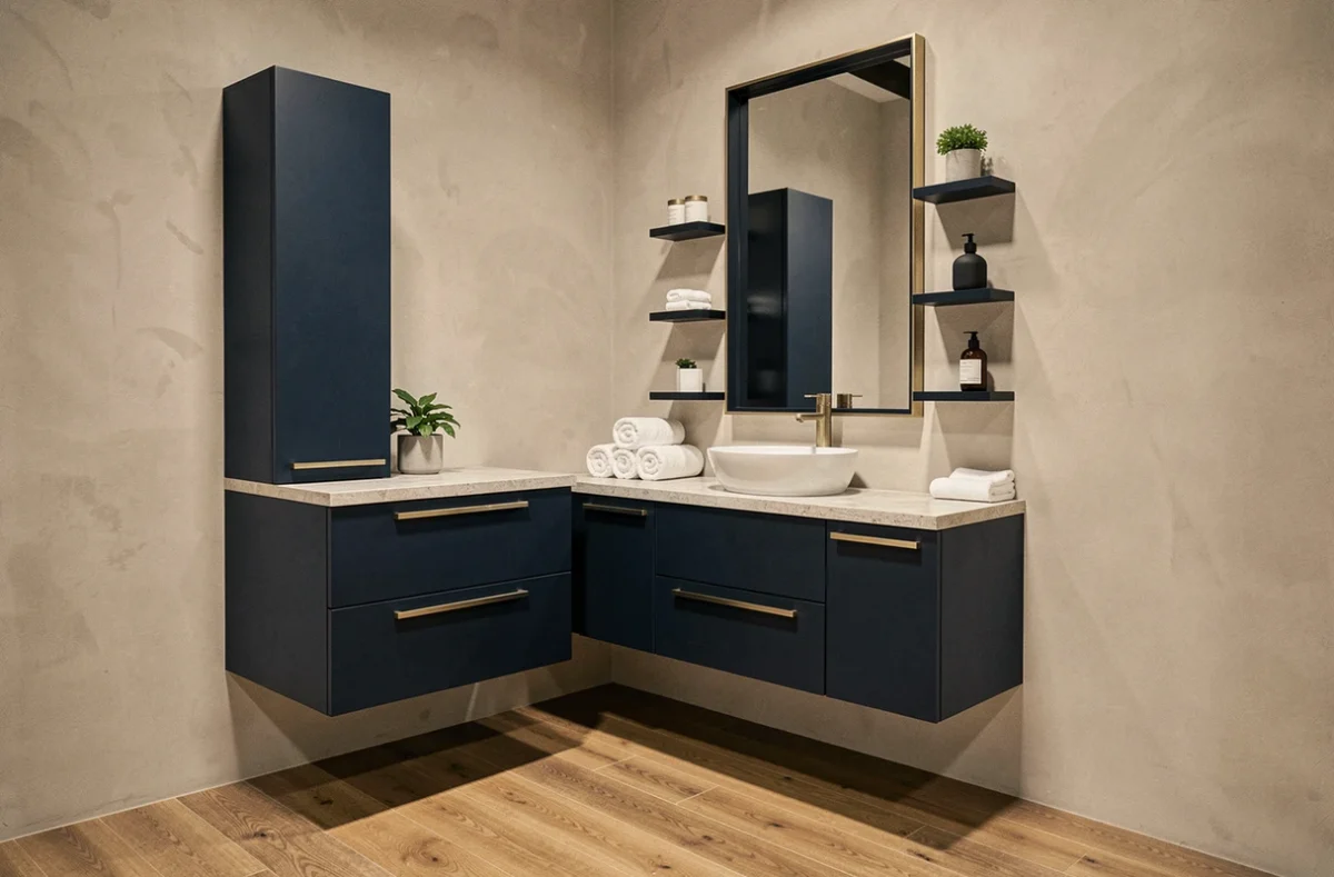 Espace salle de bain du showroom CBR Cuisines avec meuble vasque bleu marine, robinetterie dorée et miroir encadré