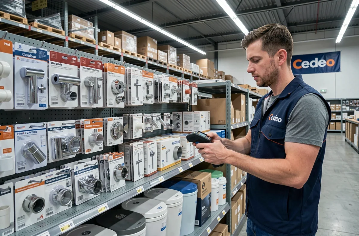 Employé de l'agence Cedeo au comptoir de vente professionnelle avec rayonnages de produits de plomberie et sanitaires