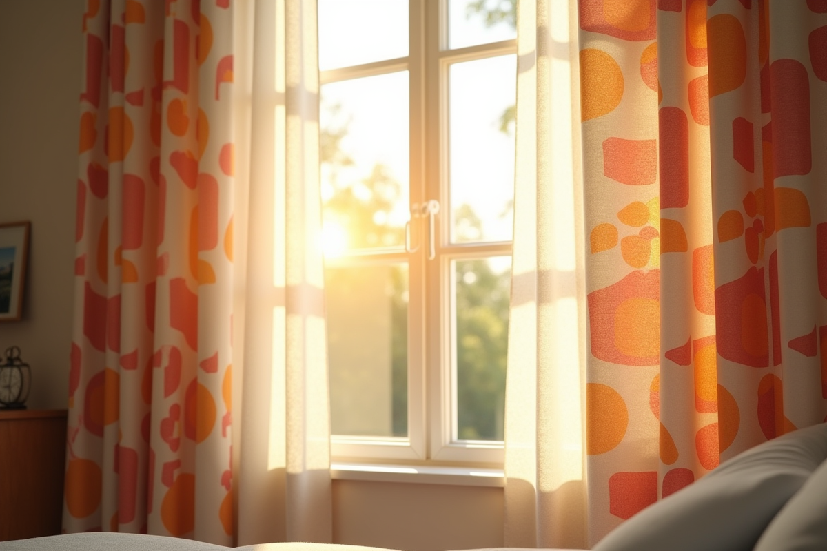 Chambre chaleureuse avec fenetre et rideaux contrastes