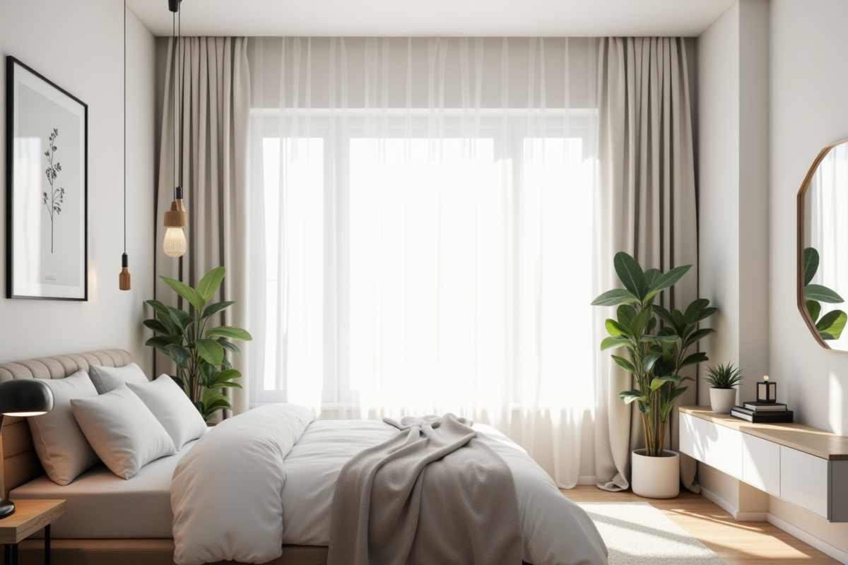 Chambre lumineuse avec rideau blanc et decor minimaliste