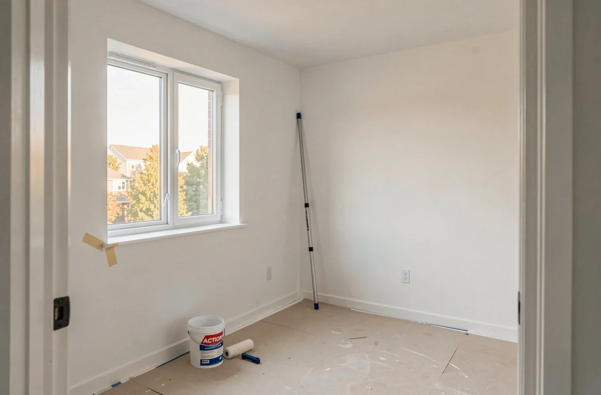 Chambre vide fraîchement repeinte en blanc avec de la peinture Action pour une remise en location à petit budget