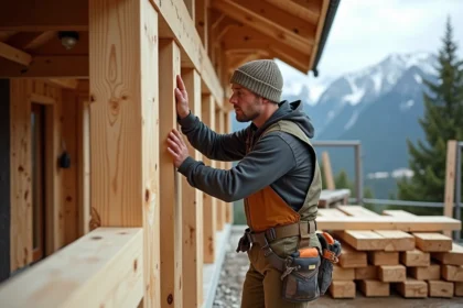 Charpentier middleaged assemble un mur en bois massif pour un chalet