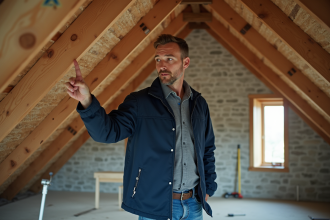 Constructeur vérifiant la structure en bois du toit en rénovation