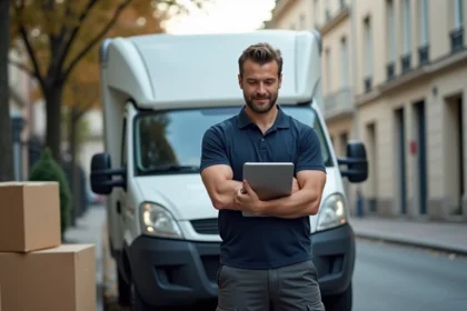 Chauffeur professionnel de transport de meublés debout devant un camion blanc en ville, consultant une application de livraison sur tablette en 2026