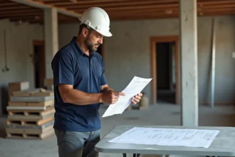 Chef de chantier consultant un planning travaux Gantt sur un chantier de rénovation