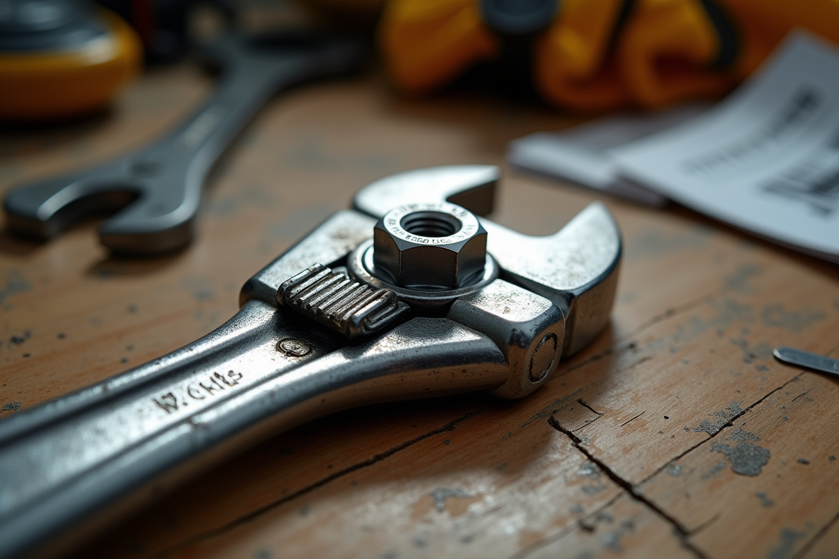 Clé à molette brillante glissant sur un écrou sur un plan de travail en bois