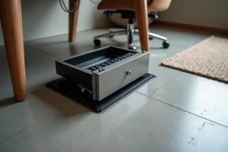 Coffre fort scellé dans le sol d'un bureau moderne avec porte entrouverte révélant l'intérieur sécurisé