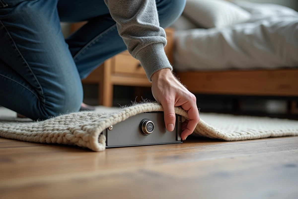 Coffre fort encastré dans le sol d'une chambre dissimulé sous un tapis en laine épais soulevé par un homme