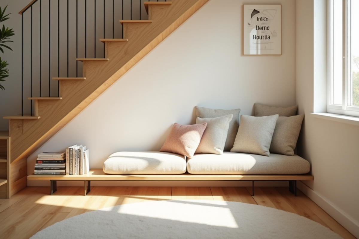 Coin lecture moderne sous un escalier en bois lumineux
