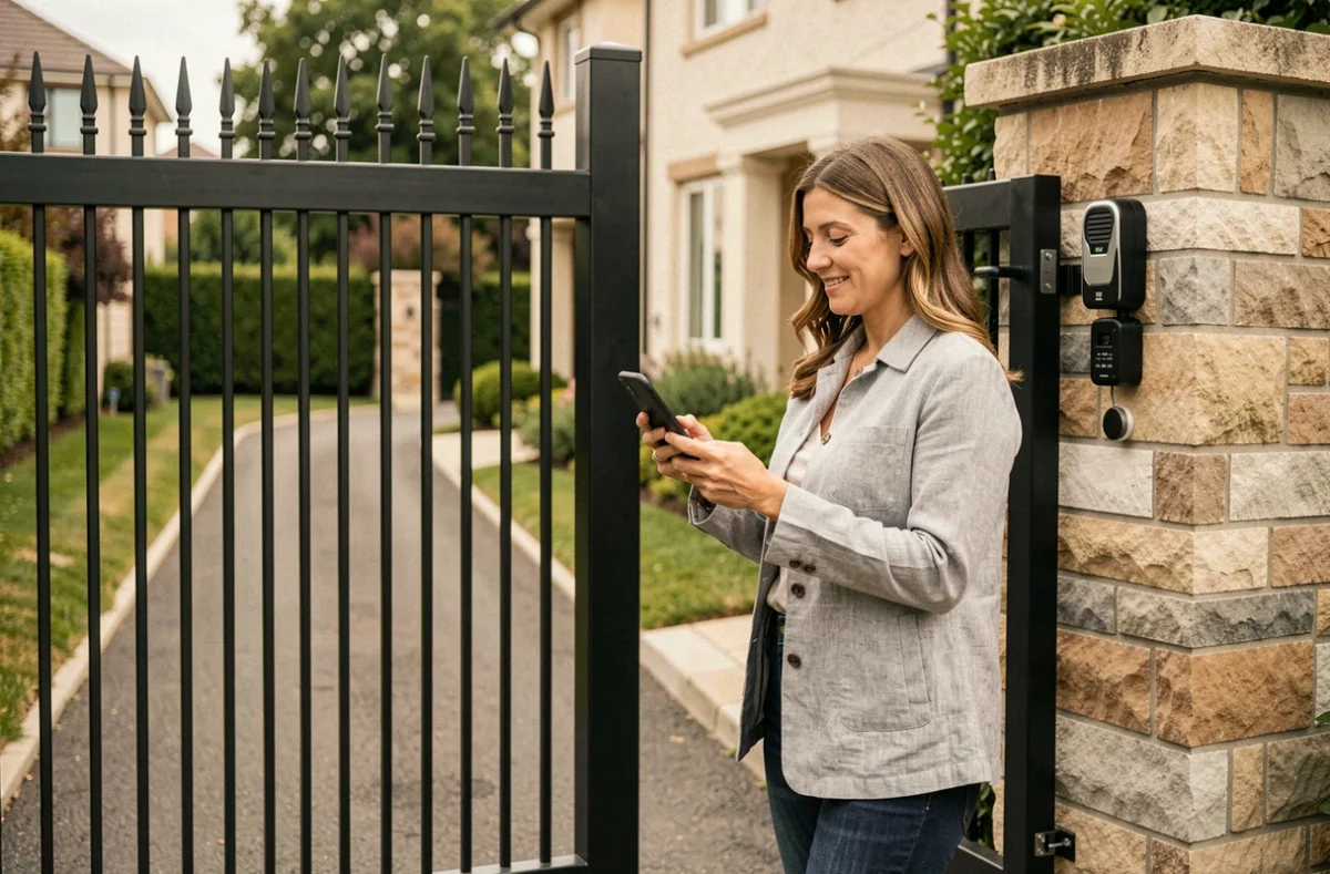 Femme commandant à distance via smartphone l'ouverture d'un portail coulissant motorisé avec portillon intégré devant sa maison