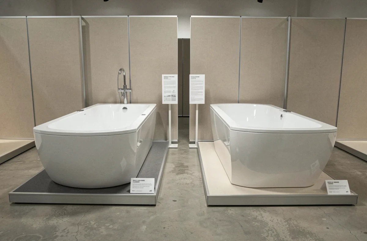 Comparaison en showroom entre une baignoire standard et une baignoire courte gain de place