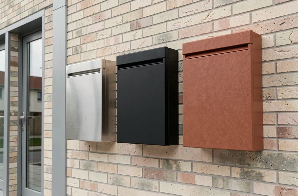 Comparaison de trois habillages durables pour boîtes aux lettres sur façade de résidence moderne