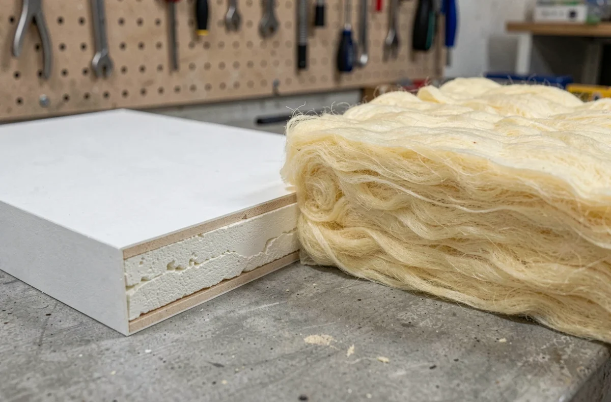 Comparaison côte à côte d'une plaque de plâtre en coupe et d'un panneau de laine de verre sur un établi d'atelier